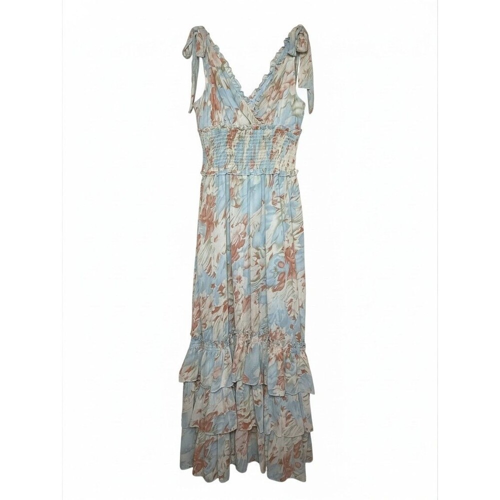 Petal Pup Womens Large L Blue Floral Ruffle Tie Shoulder Smocked Maxi Dress